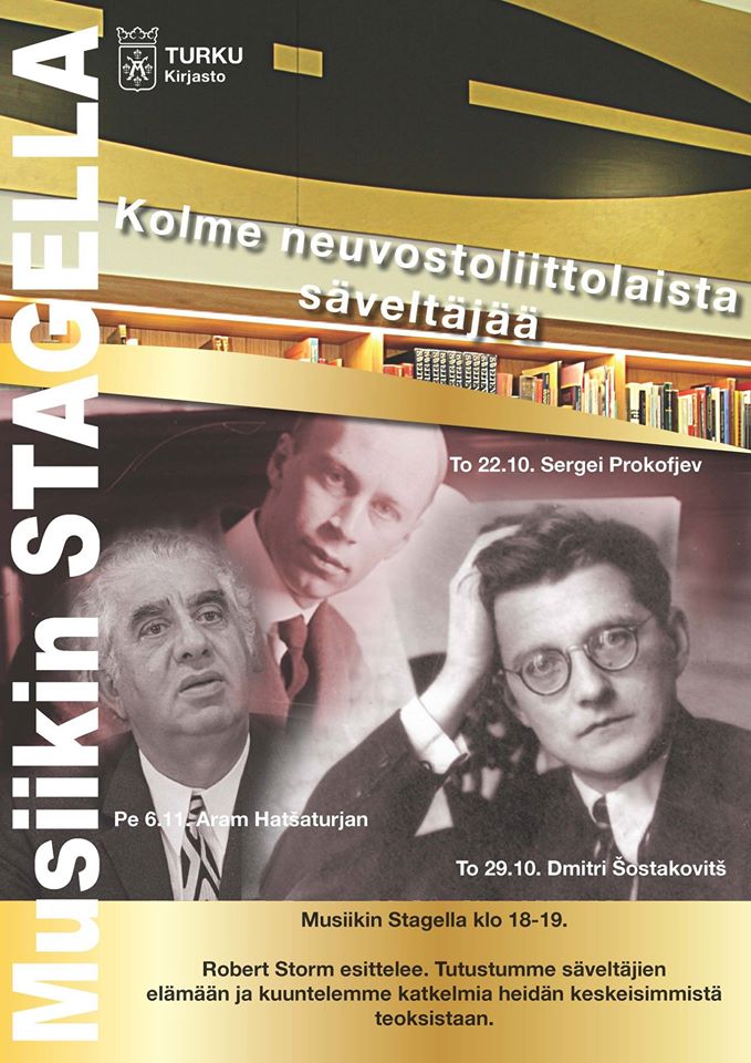 Robert Storm avaa Turun musiikkikirjastossa tapahtumasarjan Kolme neuvostoliittolaista säveltäjää. Torstaina 22.10. Stagella tutustutaan Sergei Prokofjevin elämään ja musiikkiin. Tilaisuuksiin on vapaa pääsy.