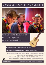 Keravan kirjastossa järjestetään keskiviikkona 17.2. ukulele-työpaja. Pentinkulma-salin musiikkivieraana esiintyy ukuleletrio UkEt.