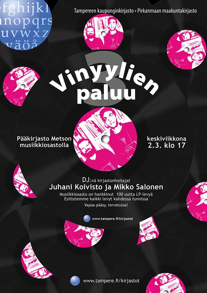 Metson musiikkiosastolle on jälleen hankittu 100 LP-levyä. Vinyylien paluu 3 keskiviikkona 2.3. DJ:t Juhani Koivisto ja Mikko Salonen esittelevät kaikki levyt kahdessa tunnissa.