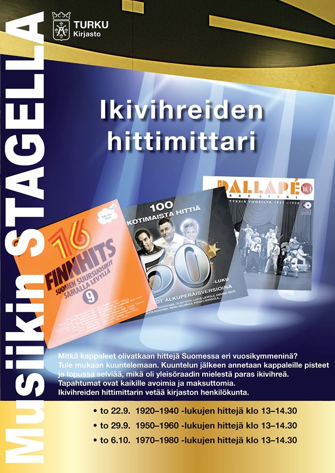 Turun musiikkikirjastossa pidetään Ikivihreiden hittimittaria kolmena syystorstaina 2016.