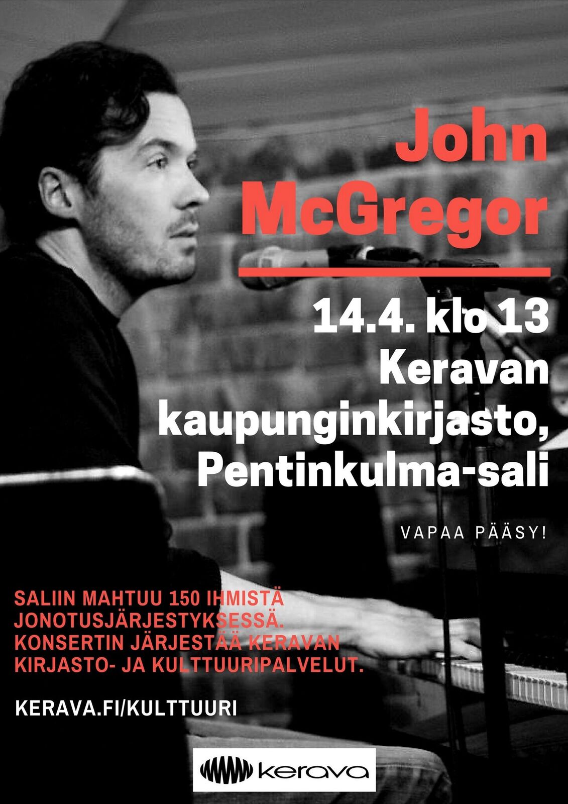 Laulaja-lauluntekijä John McGregor vierailee Keravan kirjaston Pentinkulma-salissa 14.4.2018.