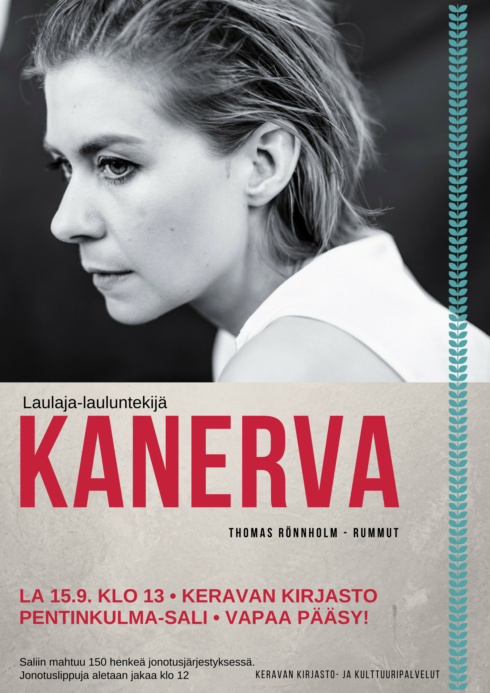 Kanerva esiintyy Keravan kirjaston Pentinkulma-salissa 15.9.2018.