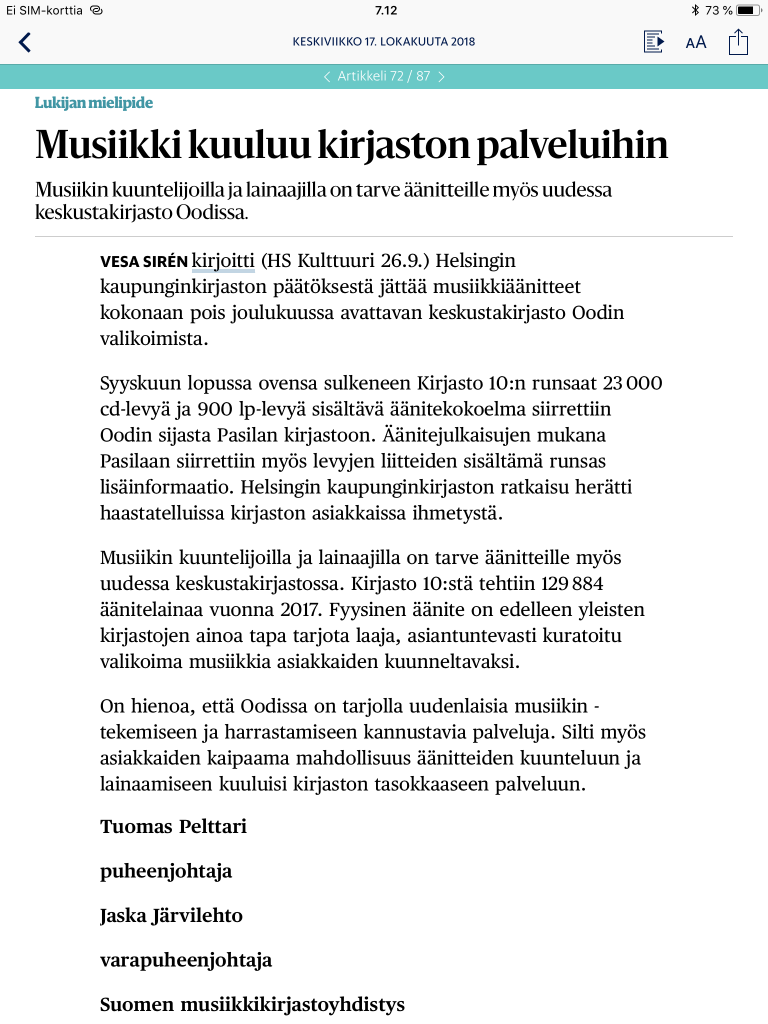 Musiikki kuuluu kirjaston palveluihin (HS 17.10.2018).