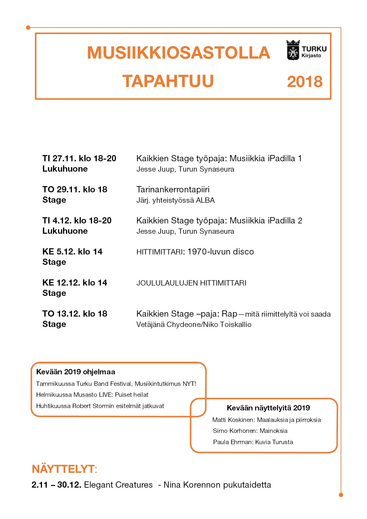 Musiikkiosastolla tapahtuu loppuvuodesta 2018 paljon!