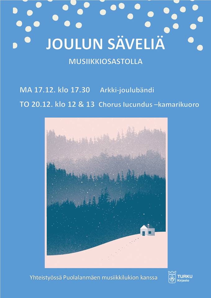 Turun musiikkikirjaston Joulun Säveliä: Arkki-joulubändi maanantaina 17.12. ja kamarikuoro Chorus Iucundus torstaina 20.12.