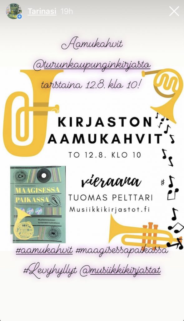 Aamukahvit 12.8.2021 Turun kaupunginkirjaston Instagramissa.