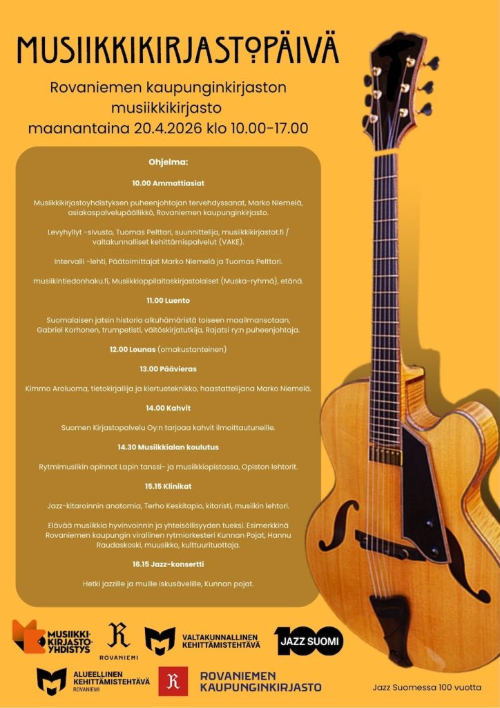 Musiikkikirjastopäivän ohjelma 20.4.2026 Rovaniemi. Juliste: Ari Hietala