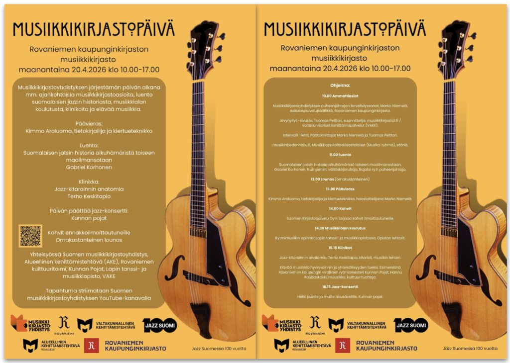 Musiikkikirjastopäivä + ohjelma 20.4.2026 Rovaniemi. Julisteet: Ari Hietala