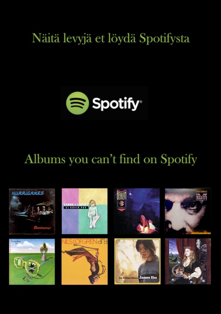 Spotifysta puuttuvat levyt 4/2025. Juliste: Antti Erkkilä & Tuomas Pelttari