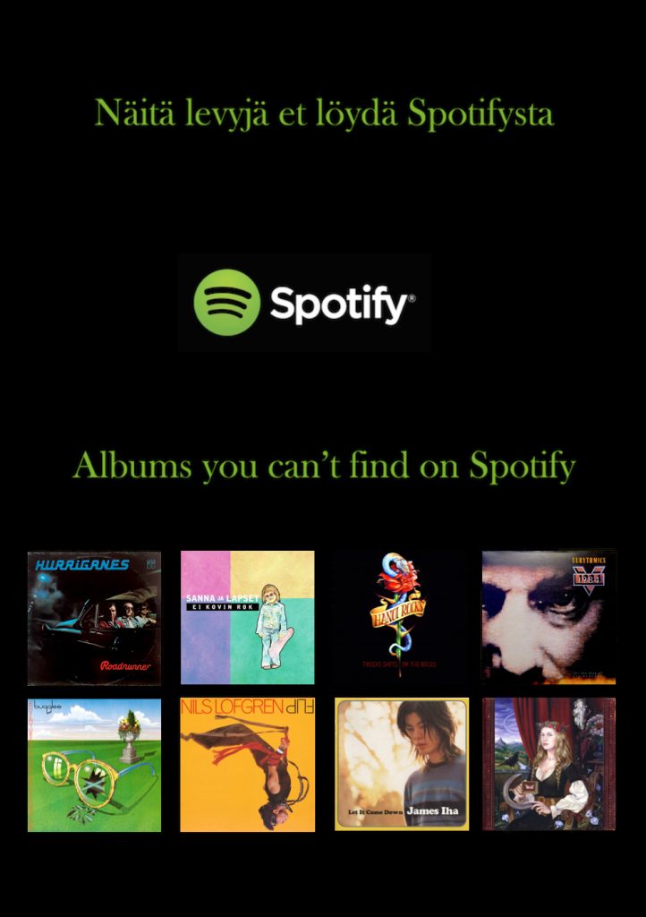 Spotifysta puuttuvat levyt 3/2026. Juliste: Antti Erkkilä & Tuomas Pelttari