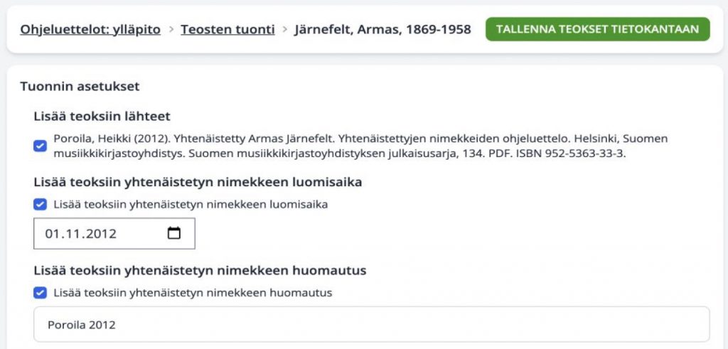 Armas Järnefeltin ohjeluettelon teoksiin tuonnin yhteydessä lisättävät viittaukset. Kuva: Jaska Järvilehto