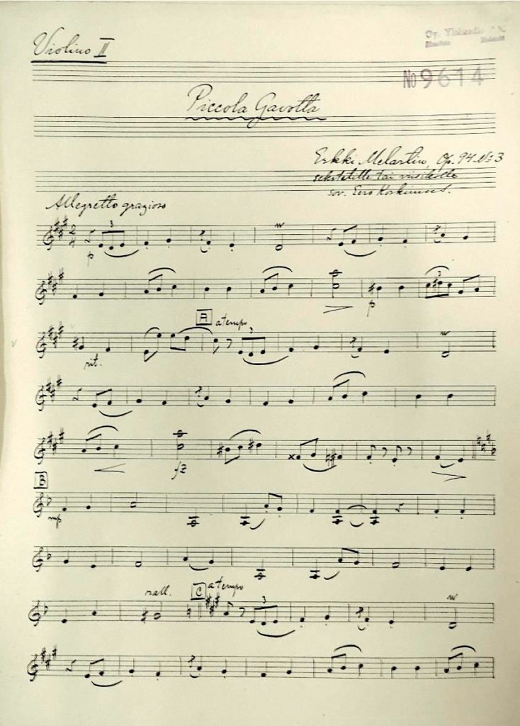 Erkki Melartinin Piccola Gavotta op. 94, nro 3 Eero Koskimiehen sekstettosovituksena (Yleisradion nuotisto YN9614).