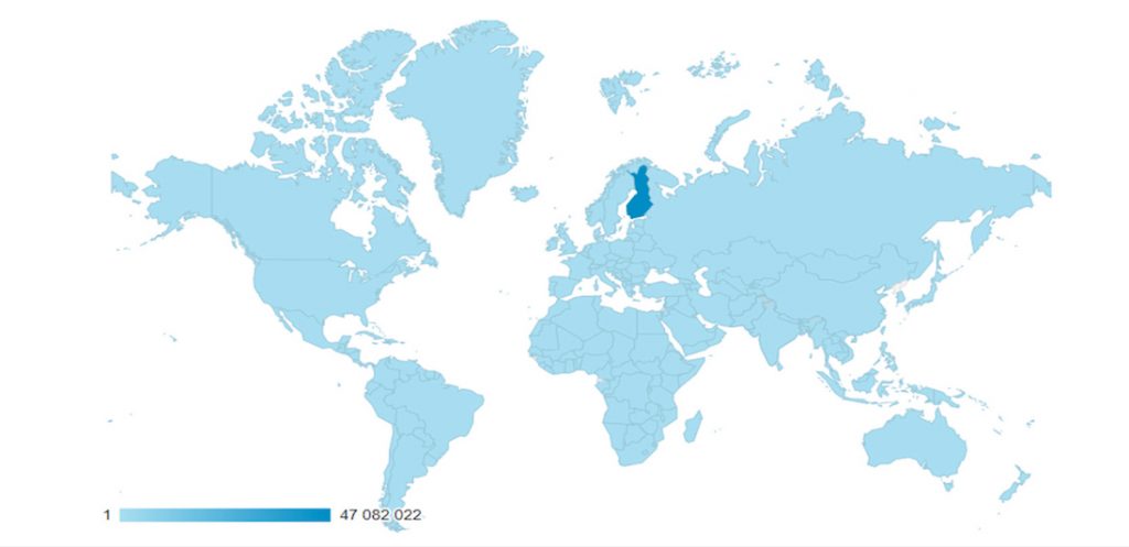 Kartassa Theseuksen latauslukujen kokonaismäärä vuonna 2020 (47 082 022) sekä sinisellä värillä merkittynä kaikki maailman valtiot, joissa Theseuksen sisältöä on ladattu.