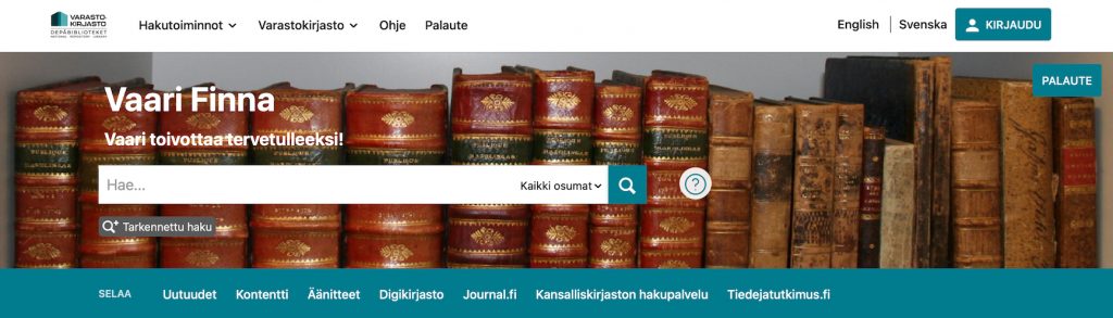 Varastokirjaston hakukone VaariFinnan etusivu.