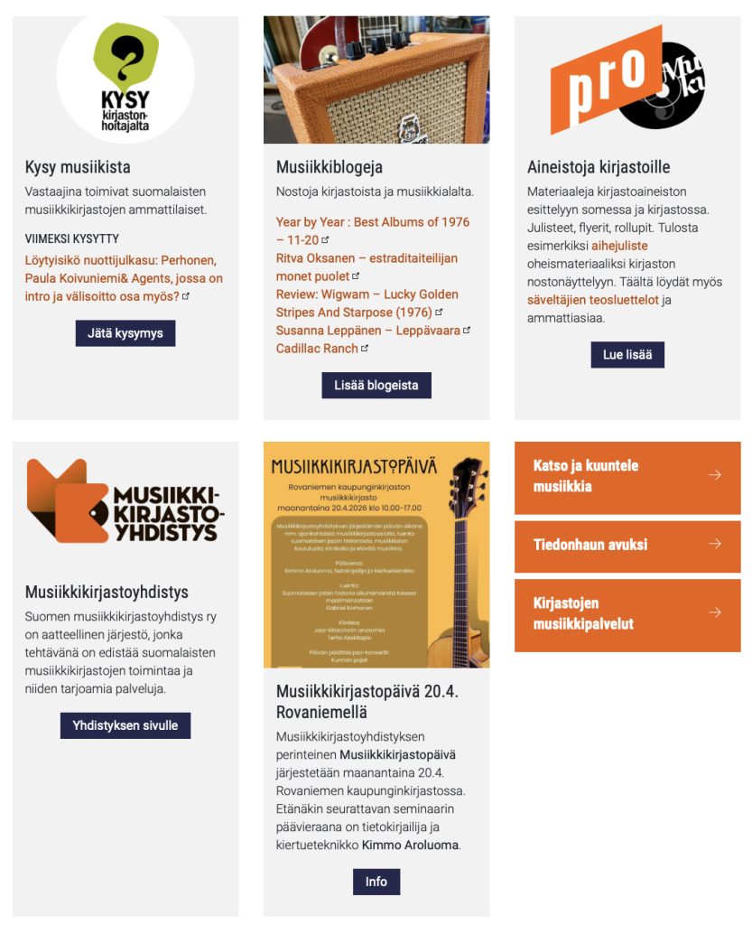 Musiikkikirjastot.fi-etusivun alaosa 10.4.2026.