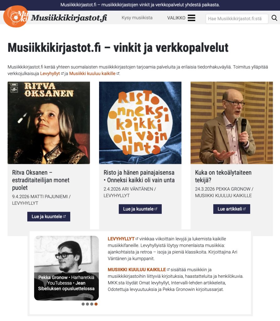 Musiikkikirjastot.fi-etusivun yläosa 10.4.2026.