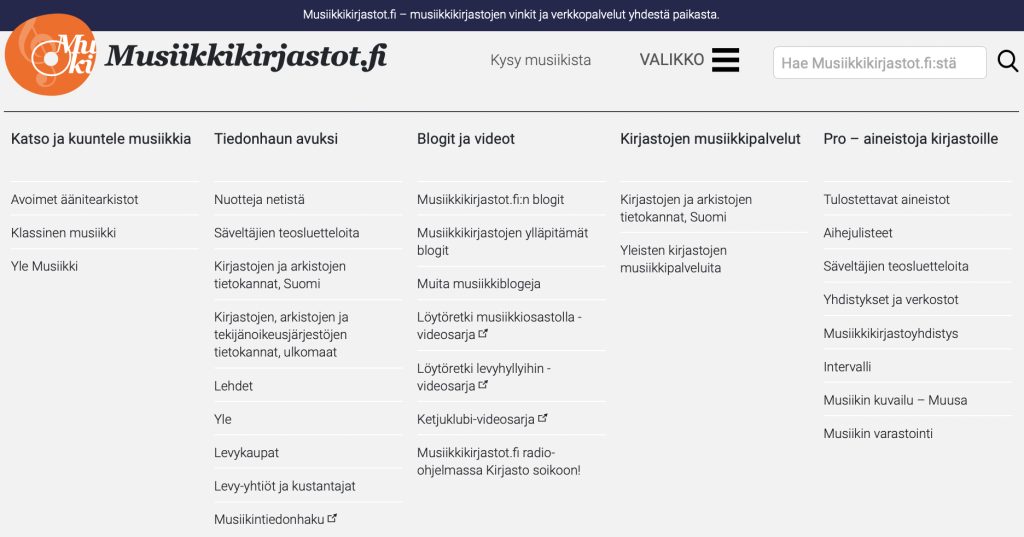Musiikkikirjastot.fi-etusivun valikko 10.4.2026.