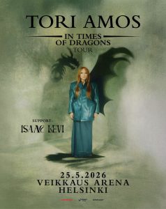 Tori Amos esiintyy Helsingin Veikkaus Arenalla 25. toukokuuta 2026, lämppärinä Isaac Levi. Keikkajuliste: Live Nation, Veikkaus Arena, Ticketmaster