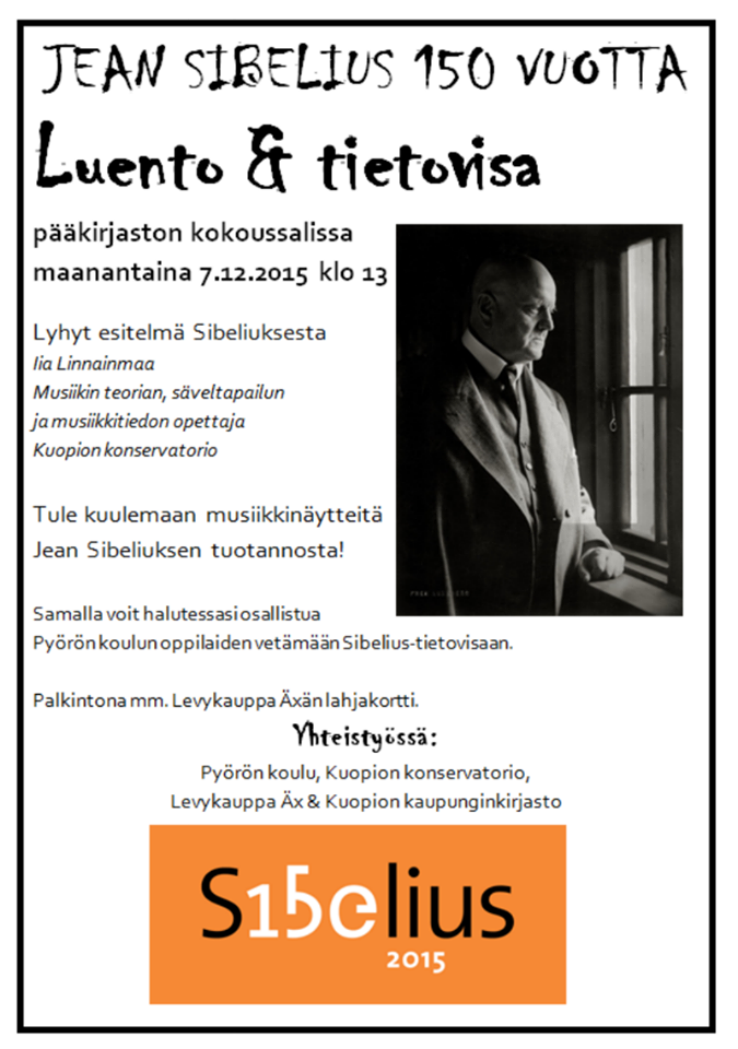 Sibelius 150 Kuopiossa: Iia Linnainmaan Sibelius-aiheinen luento maanantaina 7.12. Kuopion kaupunginkirjastossa. Voit osallistua myös tietovisaan.
